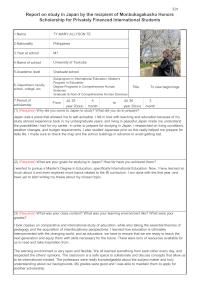 Reports on study in Japan by the recipients of Monbukagakusho Honors Scholarship for Privately Financed International Students (Graduate school)